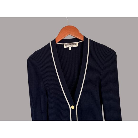 Vintage Worldly Things Navy Wool Cardigan With Gold Buttons & Pocket Detail Made - Picture 2 of 8